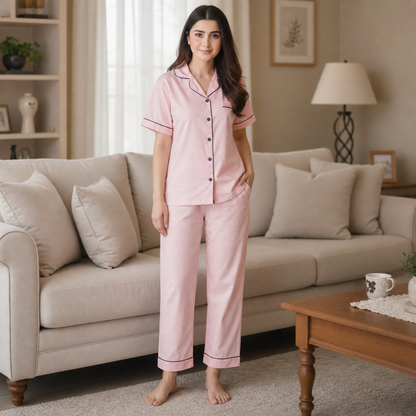 Baby Pink Silk Night Suit Turn Down Collar Long Sleeves