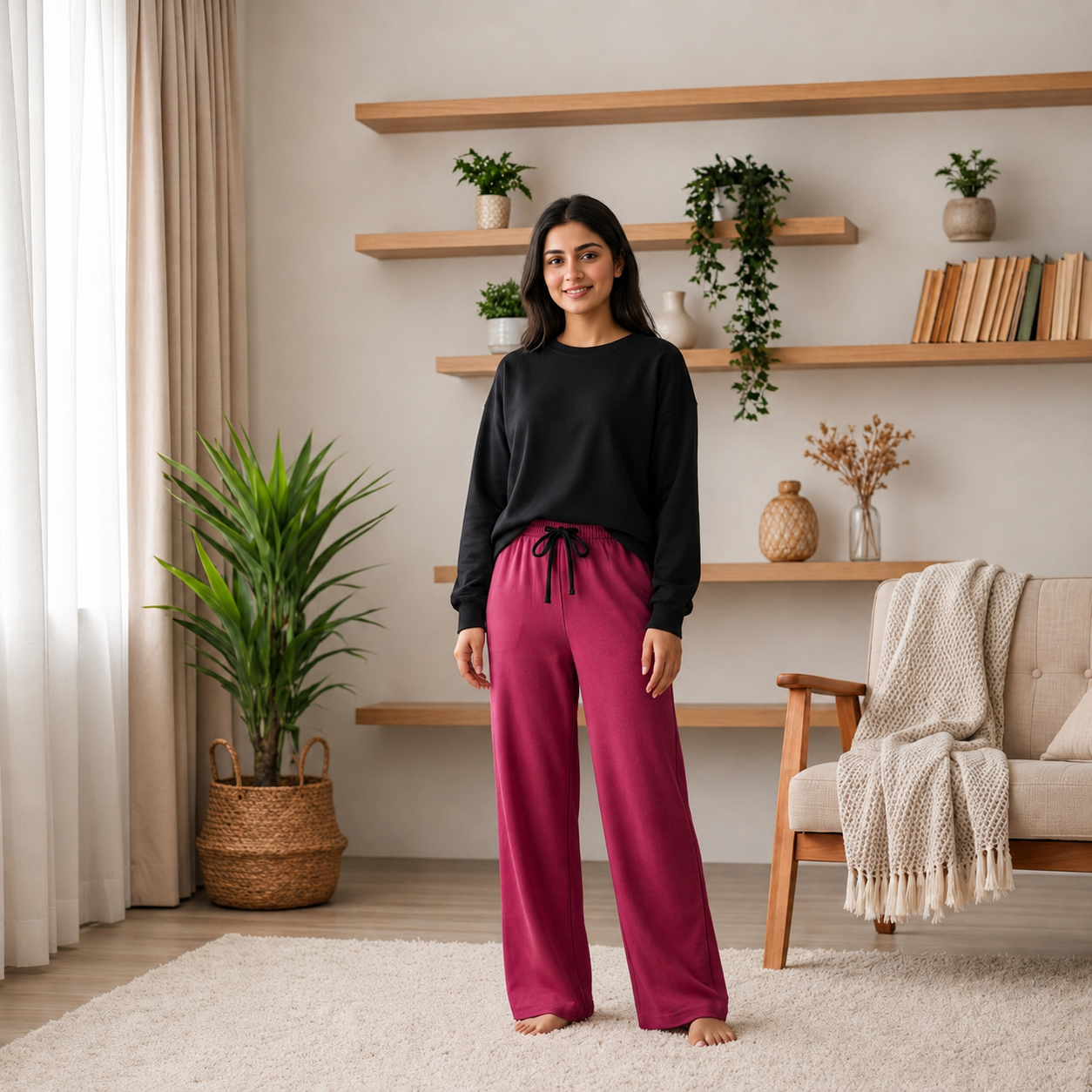 Black and Magenta 2Pcs Stitched  Loungewear