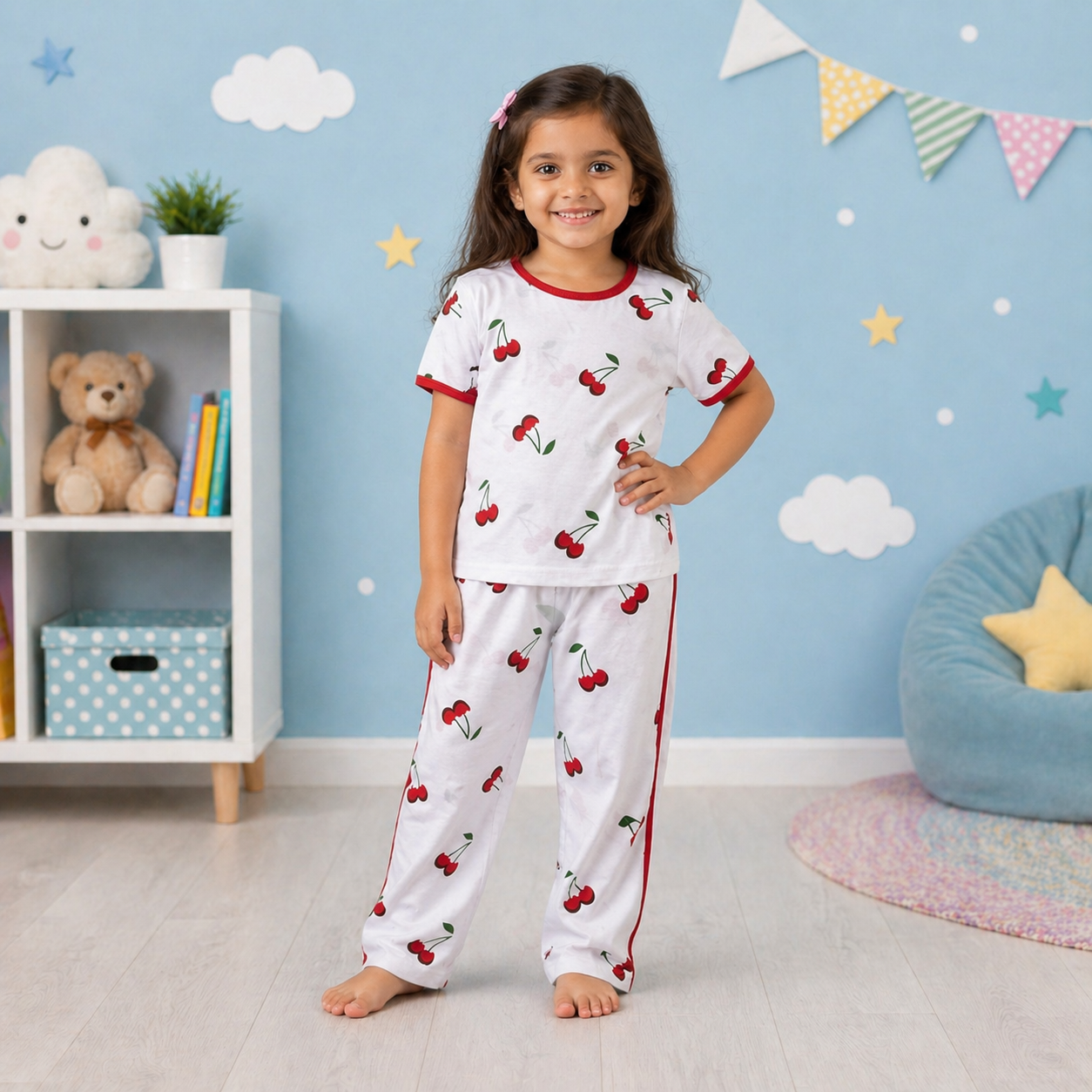 Girls Cherry Print Pajama Set – Soft Cotton Nightwear Co-Ord (Cute Sleepwear for Kids 6 Years)