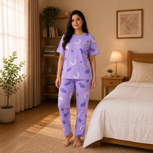 Lavender Cloud & Moon Printed Pajama Set
