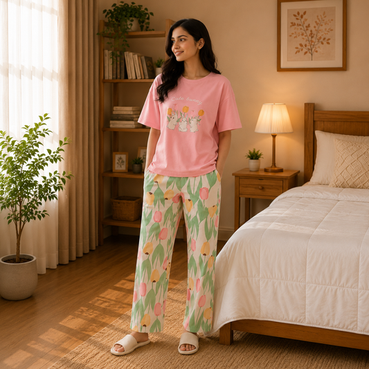 Pink Bunny & Tulip Printed Pajama Set
