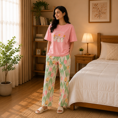 Pink Bunny & Tulip Printed Pajama Set