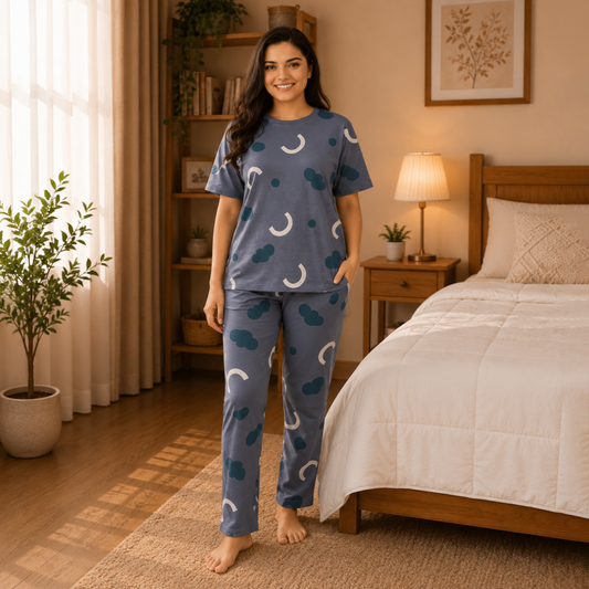 Slate Blue Cloud & Moon Printed Pajama Set