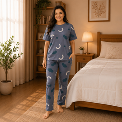 Slate Blue Cloud & Moon Printed Pajama Set