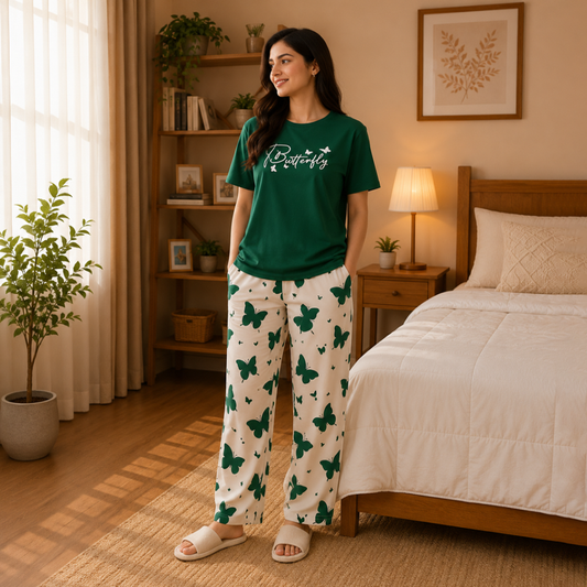 Emerald Butterfly Printed Pajama Set