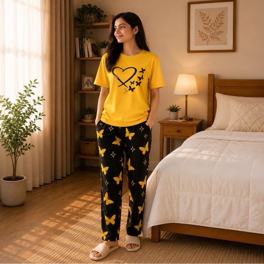 Yellow Heart & Butterfly Printed Pajama Set