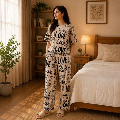 Black & Beige Love Typography Pajama Set