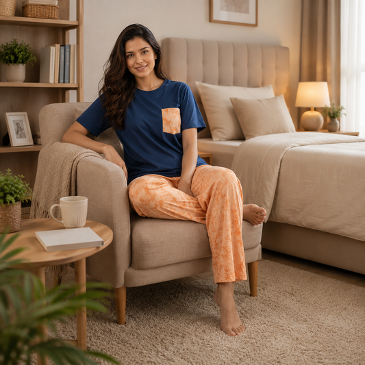 Navy Blue & Peach Printed Women’s Pajama Set