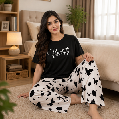 Black & White Butterfly Print Women’s Pajama Set