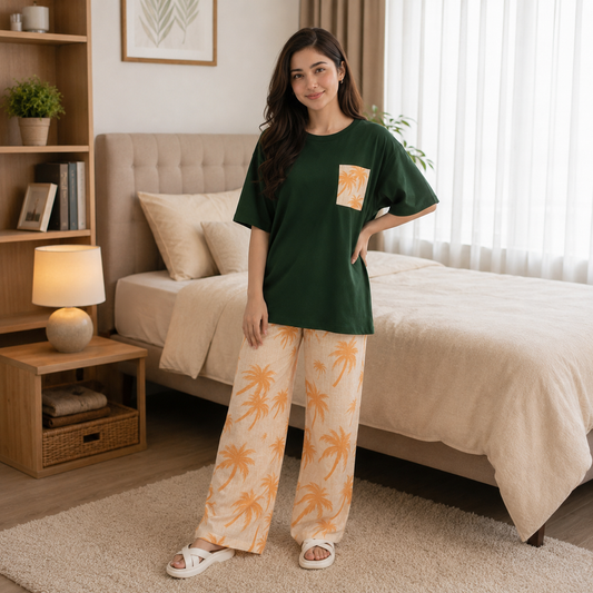 Forest Green & Palm Print Women’s Pajama Set