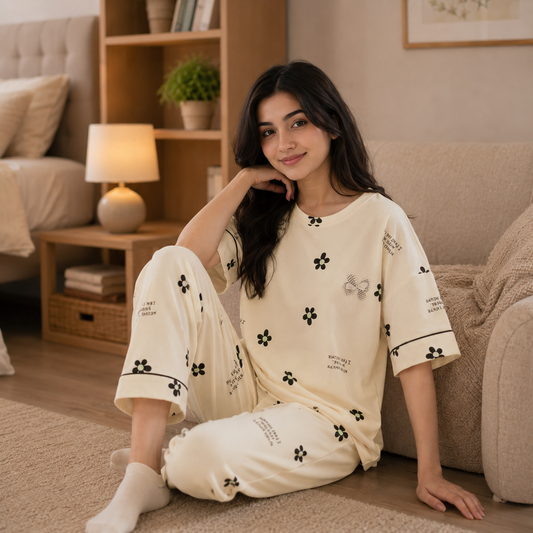 Cream Floral Print Women’s Pajama Set