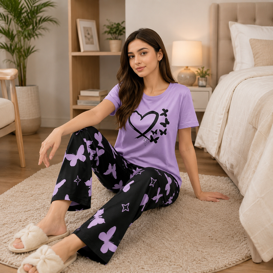Lilac Heart & Butterfly Print Women’s Pajama Set