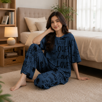 Blue Love Typography Women’s Pajama Set