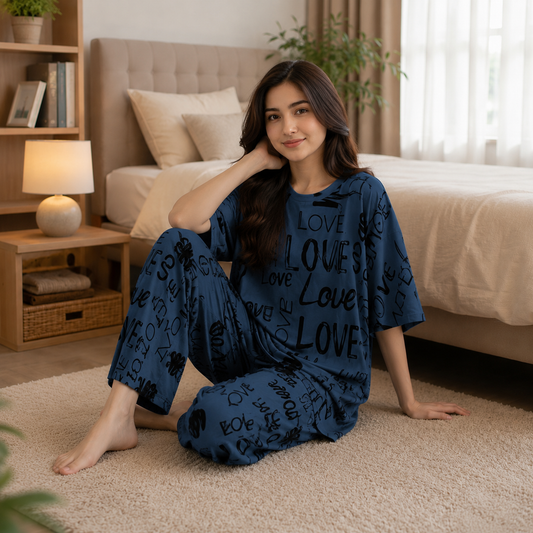 Blue Love Typography Women’s Pajama Set
