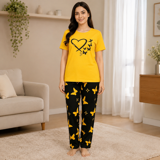 Mustard Heart & Butterfly Print Women’s Pajama Set