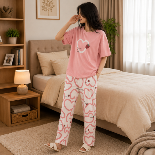 Pink Strawberry Heart Print Women’s Pajama Set