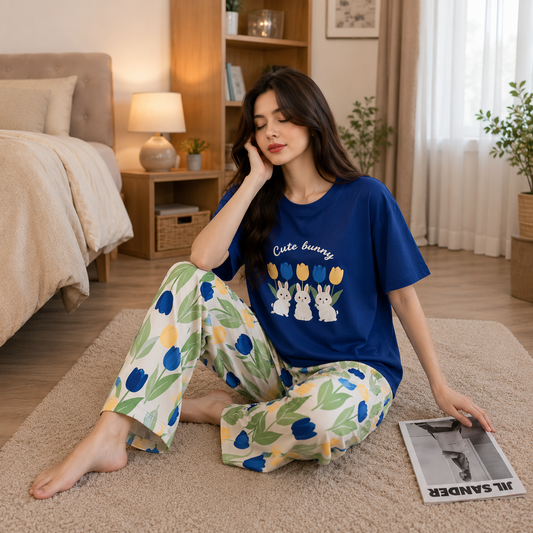 Royal Blue Cute Bunny Floral Women’s Pajama Set