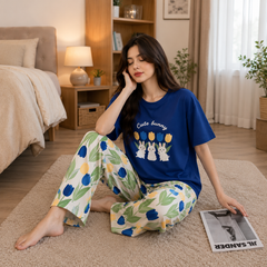 Royal Blue Cute Bunny Floral Women’s Pajama Set