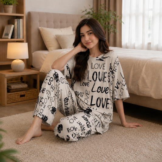 White Love Typography Women’s Pajama Set
