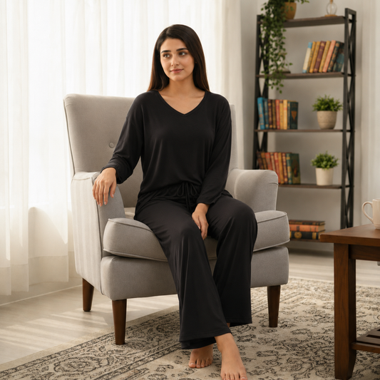 Black V-Neck Women Night Suit PJ Set ARTICLE NO# 56