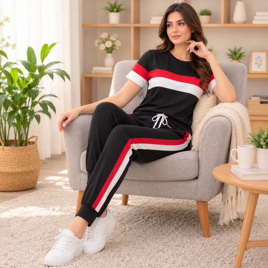Black Red & White Stripe Tracksuit for Women