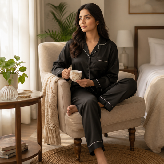 Black Silk Night Suit Turn Down Collar Long Sleeves