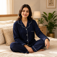 Blue Silk Night Suit Turn Down Collar Long Sleeves