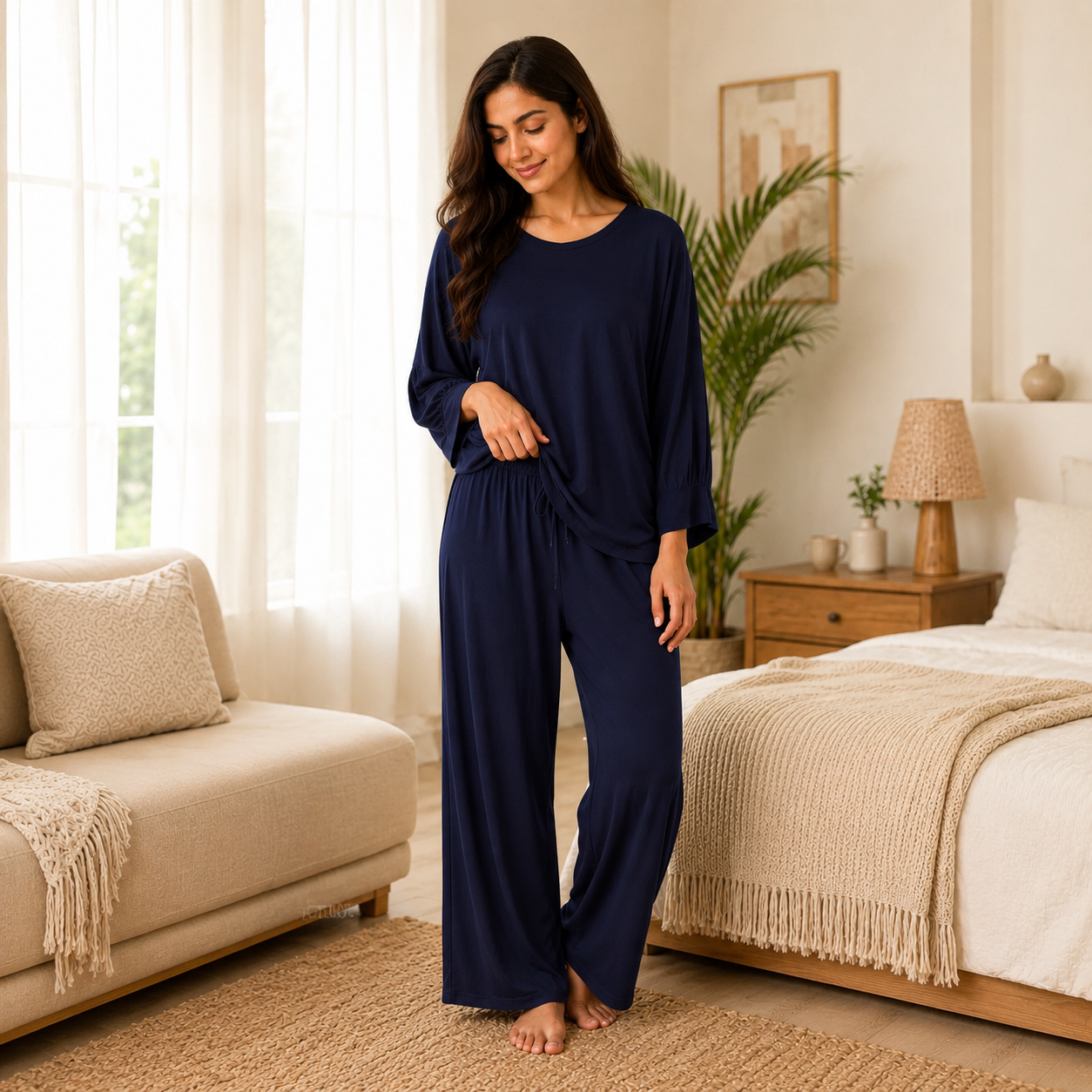 Blue V-Neck Women Night Suit PJ Set ARTICLE NO# 56