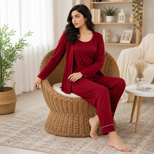 Red Long Sleeve Women Night Suit PJ Set 3 Pieces