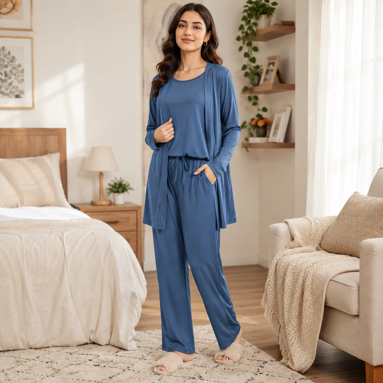 Long Sleeve Women Night Suit PJ Set 3 Pieces