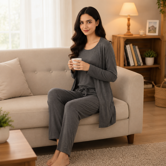 Grey Long Sleeve Women Night Suit PJ Set 3 Pieces