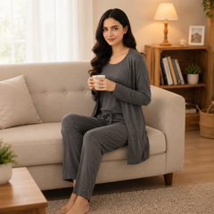 Grey Long Sleeve Women Night Suit PJ Set 3 Pieces