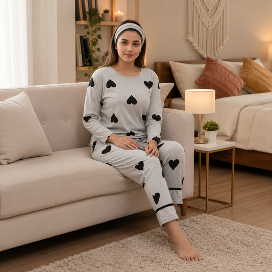Grey Black Hearts Printed PJ Nightsuit