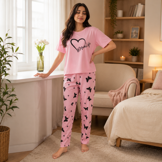 Pink Butterfly Printed Half Sleeve Nightsuit