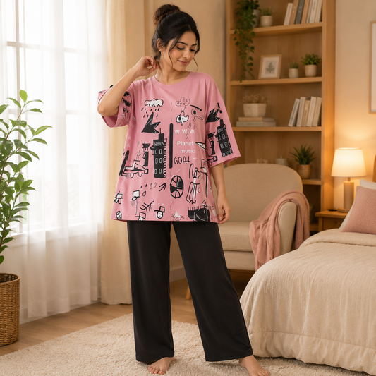 Pink Multi Printed Night Wear (Half Sleeves)