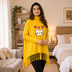 Yellow Kitty Printed Poncho