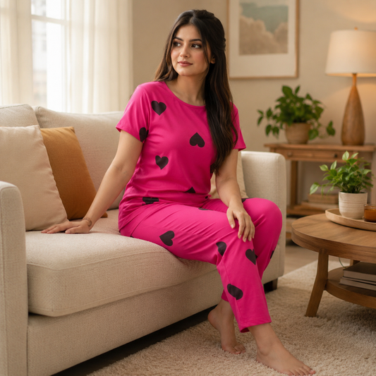 Pink Black Hearts Printed PJ Nightsuit Full Sleeves