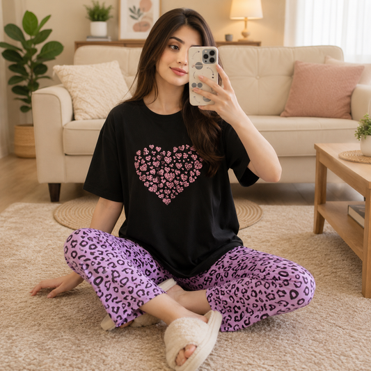 Purple Love Heart Printed Nightsuit