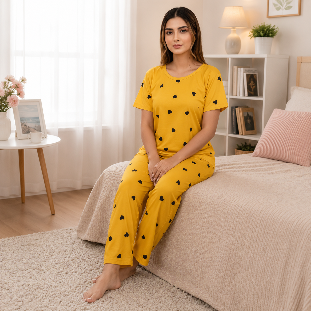 YELLOW HEART HALF SLEEVES PRINTED NIGHTWEAR