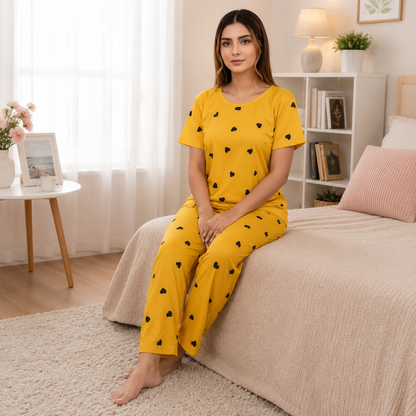 YELLOW HEART HALF SLEEVES PRINTED NIGHTWEAR