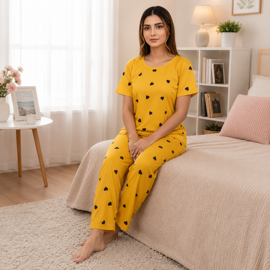 YELLOW HEART HALF SLEEVES PRINTED NIGHTWEAR