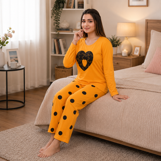 Yellow Heart Puzzle Ladies Nightsuit