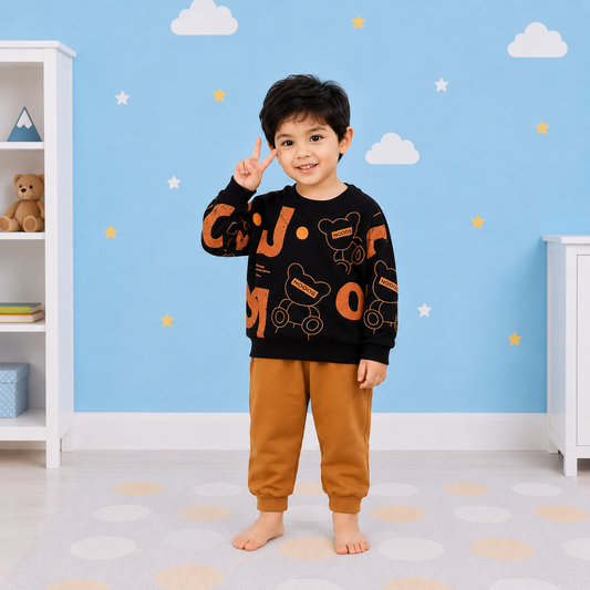 New Black Bear Printed Sweatshirt Set