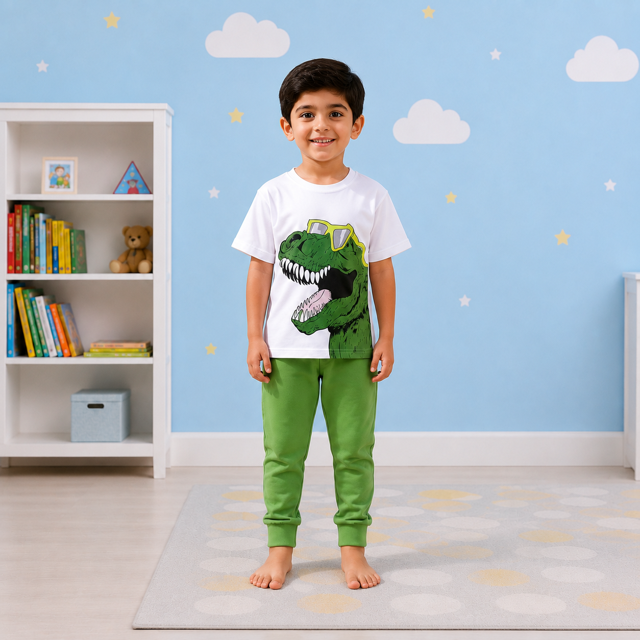 Boys' "Rad Raptor" Graphic Tee & Leaf Green Tapered Joggers Two-Piece Set