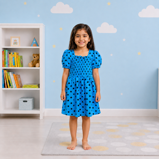 Girls' Cerulean Blue Polka Dot Smocked Puff-Sleeve Party Dress