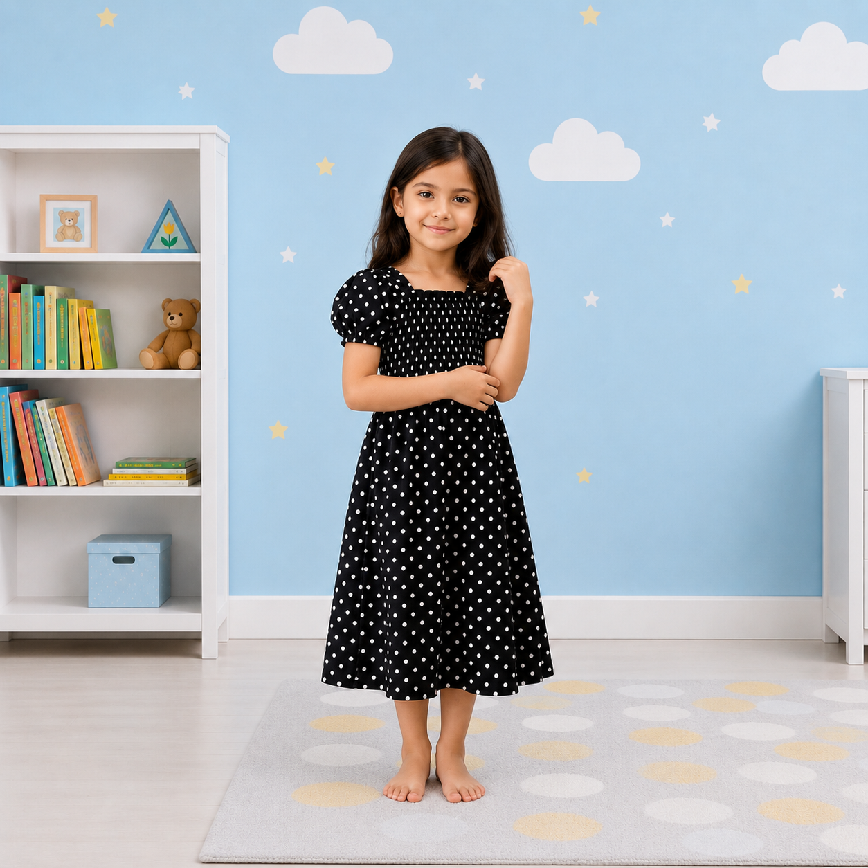 Girls' Midnight Black & White Polka Dot Smocked Puff-Sleeve Midi Dress