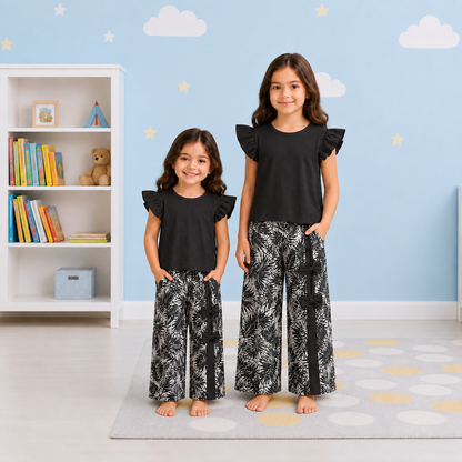 Girls' Ruffle-Sleeve Midnight Black Top & Tropical Print Wide-Leg Palazzo Pants Set