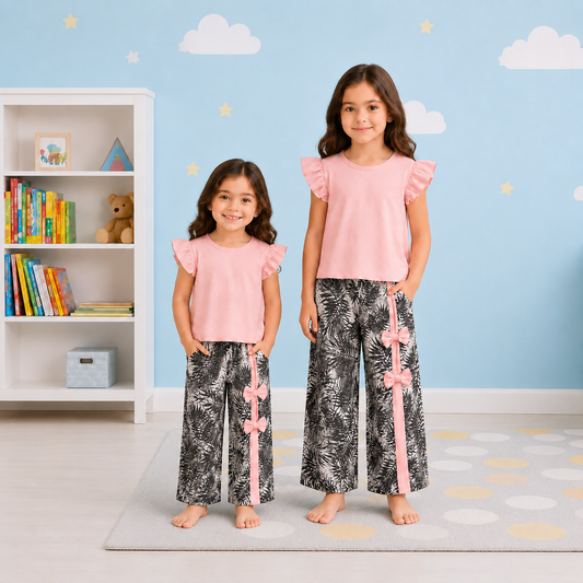 Girls' Flutter-Sleeve Pastel Pink Top & Tropical Print Wide-Leg Palazzo Pants Set