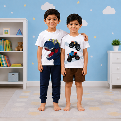 Boys' Action-Ready 2-Outfit Bundle: "Cool Dino" Jogger Set & Monster Truck Short Set