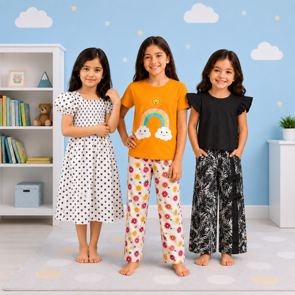 Girls' 3-Piece Variety Pack: Polka Dot Dress, Rainbow PJ Set, & Tropical Palazzo Ensemble